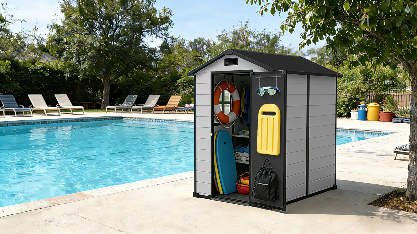 6x4 ft Outdoor Storage Shed, Plastic Resin Garden Shed with Floor, Window, 2 Vents, Lockable Door & Sloped Roof, Garden Tool Storage Shed for Patio, Backyard, Garden, Lawn Mower, Bike
