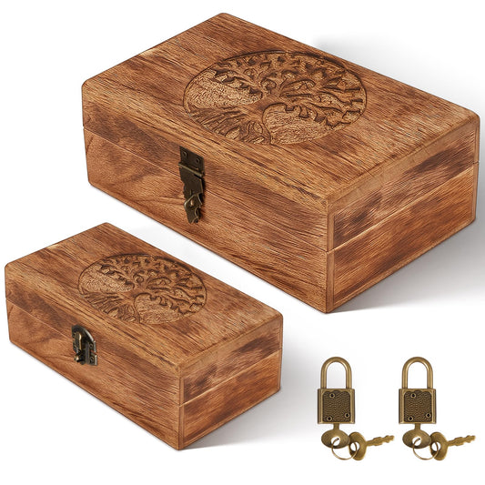Vicenpal 2 Wooden Tree Keepsake Boxes with Lock, (8x5x3.2 inch & 7x3.7x2.8 inch), Handmade Decorative Treasure Chest Box, Gift Ideas for Men & Women Jewelry Rings Storage