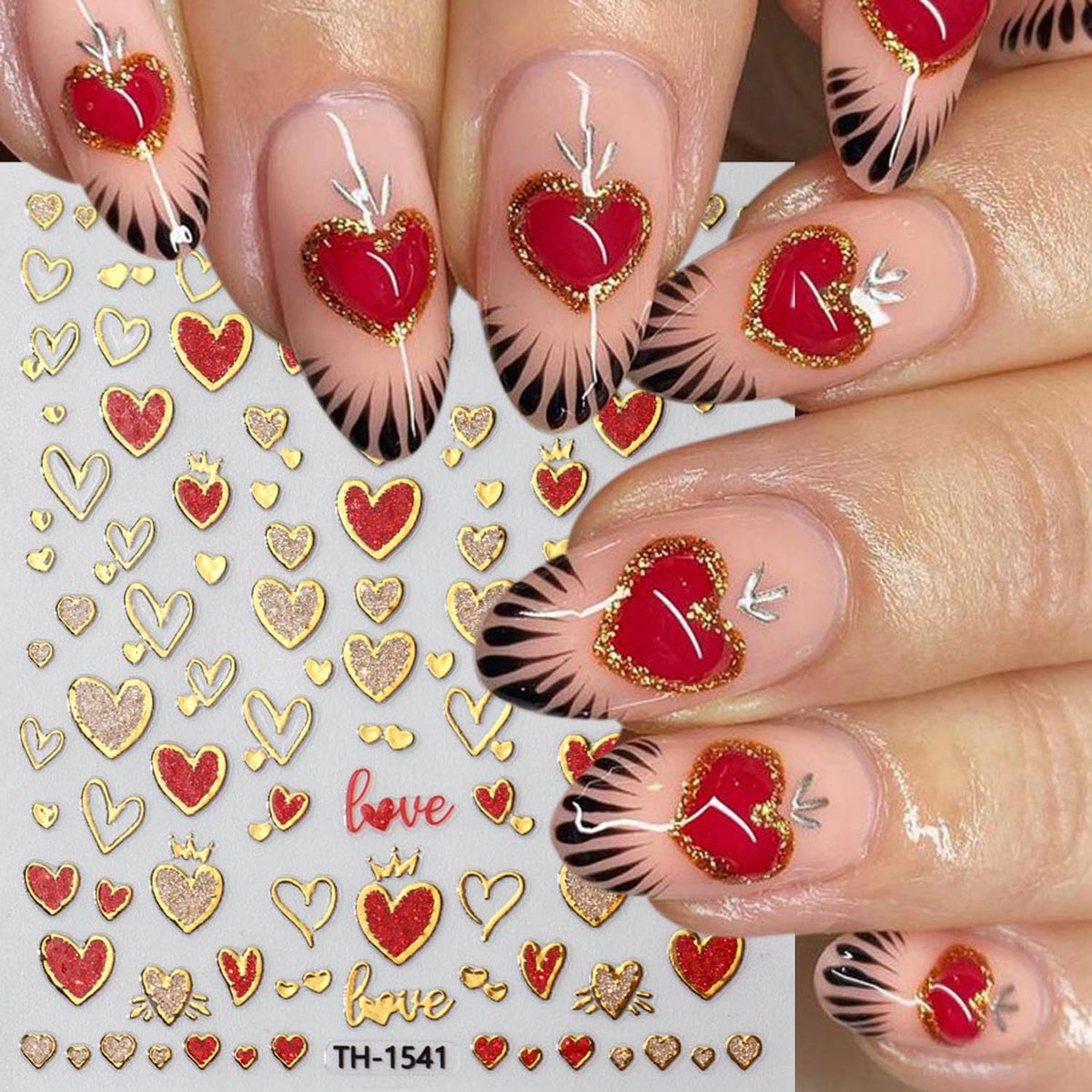 Gold Love Heart Nail Art Stickers Romantic Valentine's Day Red Heart Nail Supplies Love Bow Star Nail Stickers Stars Sun Moon Starlight DIY Transfer Decals Designs Nail Tip French Manicure Decor 3Pcs