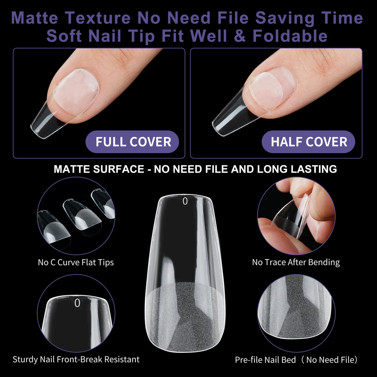 Half Matte Medium Coffin Fake Nail Tips, Soft Gel Pre-Shaped Nail Tips, Full Cover False Nails with Clear Box for Nail Salons and DIY Nail Art, 600PCS/10 Sizes