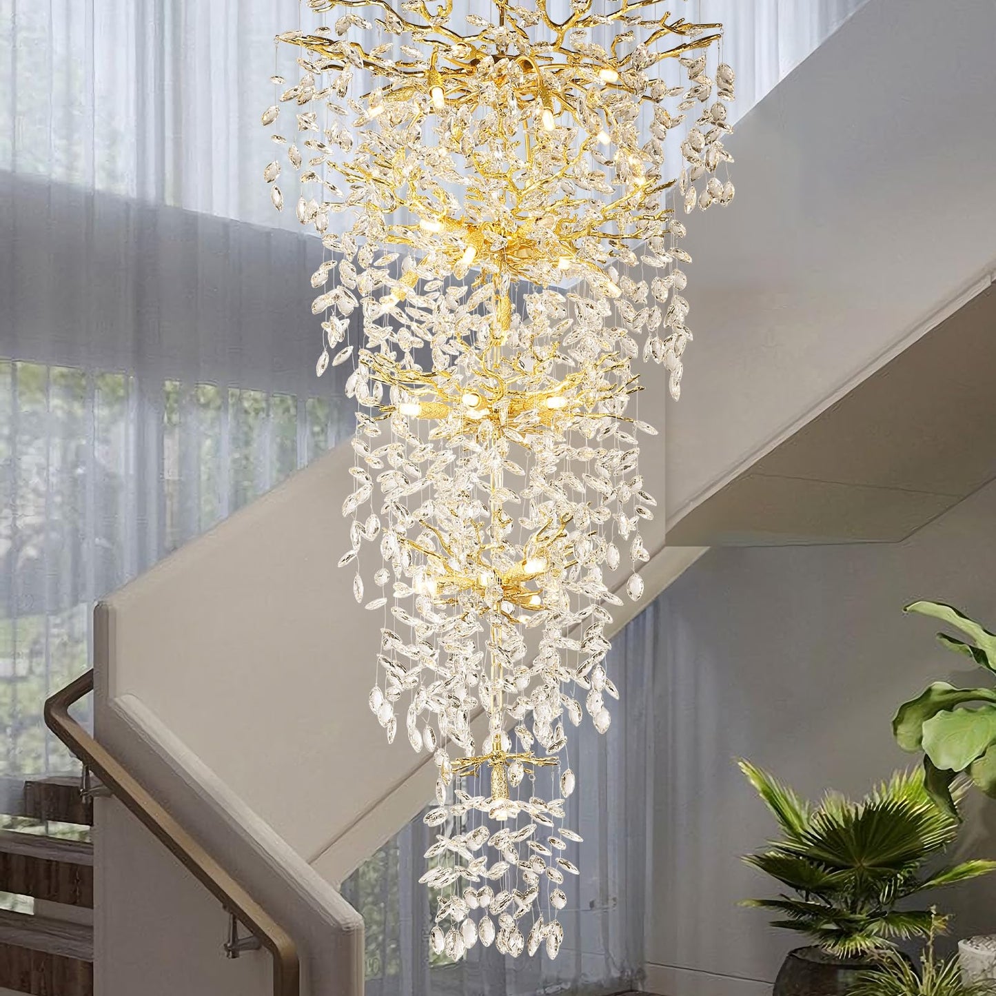 118'' Long Crystal Chandelier for High Ceiling, 28-Light Modern Gold Tree Branch Chandelier, Large Chandeliers for Foyer Entryway Staircase Living Room, 5-Tier Luxury K9 Crystal Raindrop Light Fixture