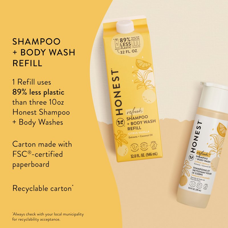 The Honest Company 2-in-1 Cleansing Shampoo Body Wash Refill Carton, Gentle for Baby, Naturally Derived, Tear-free, Hypoallergenic, Citrus Vanilla Refresh, 32 fl oz