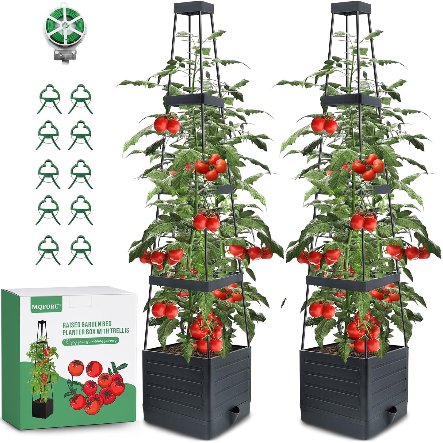 MQFORU 2 Packs Raised Garden Bed Tomato Planter with Trellis, 57" Tomato Cages for Climbing Vegetables Plant, Self Watering Planters Box for Garden Pots for Patio Greenhouse Indoor Outdoorï¼2PCSï¼