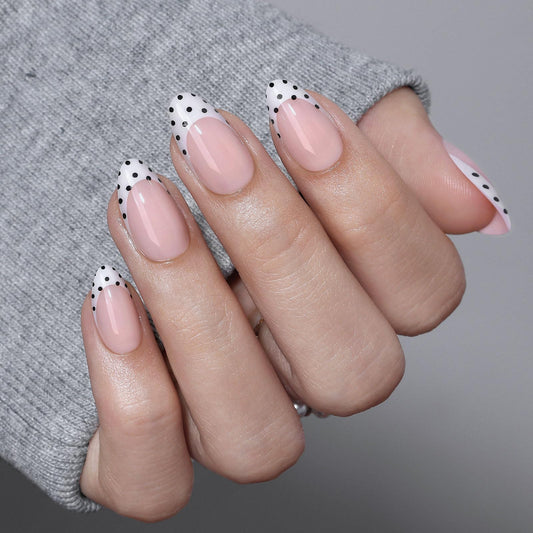 White French Tip Polka Dots Press on Nails Medium Almond - GJZEZ Soft Gel Black Dots on a Crisp White Base Fake Nails for Women, Cute Natural Reusable Glue On Nail in 16 Sizes - 32PCS, Playful Dotted