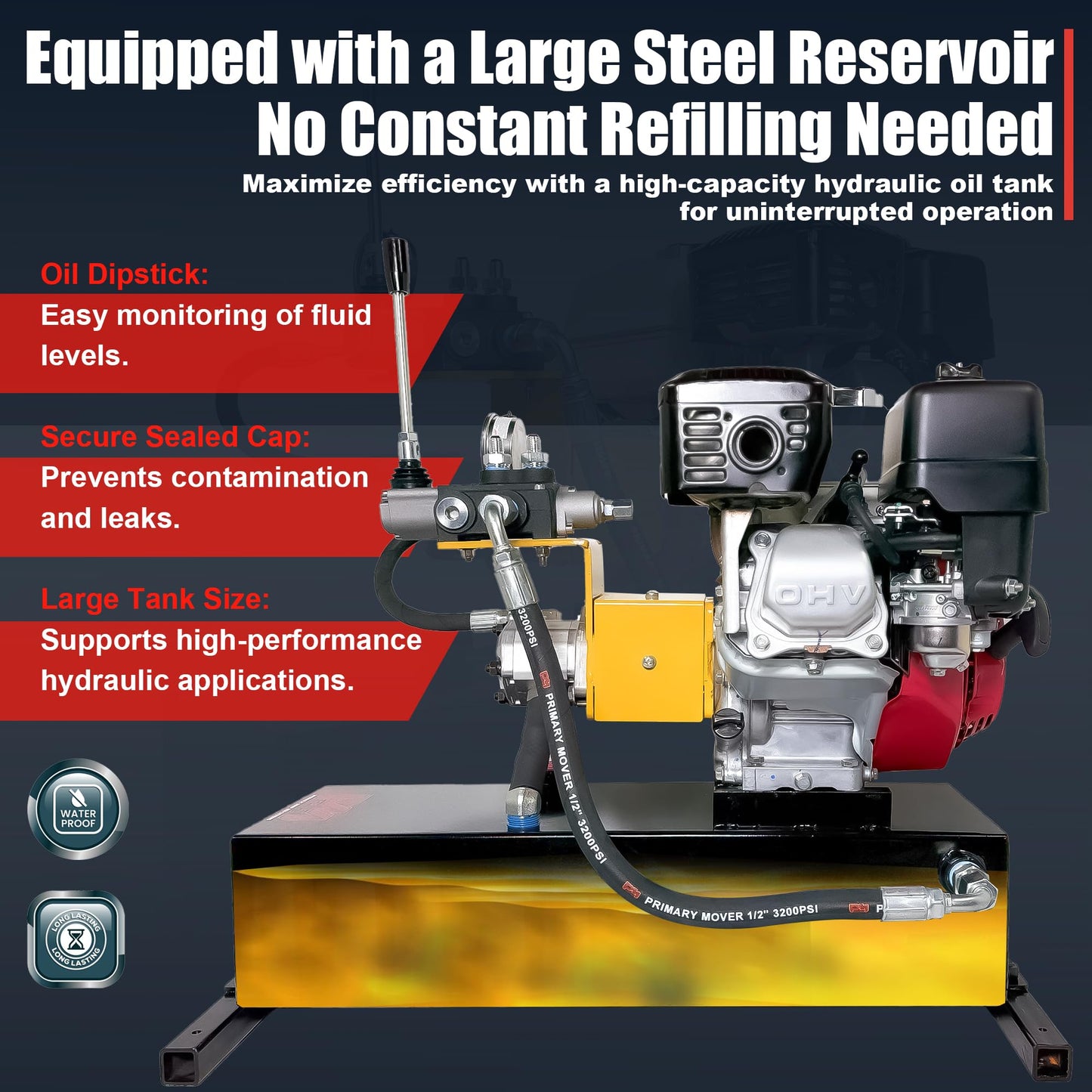 Primary Mover Gas-Powered Hydraulic Power Unit – Honda GX200, 5-Gallon Reservoir (15 Qt Usable), Double Acting, Single Valve, Pull Start – 3200 PSI Max (Pull Start, 5 Gallon Double Acting)