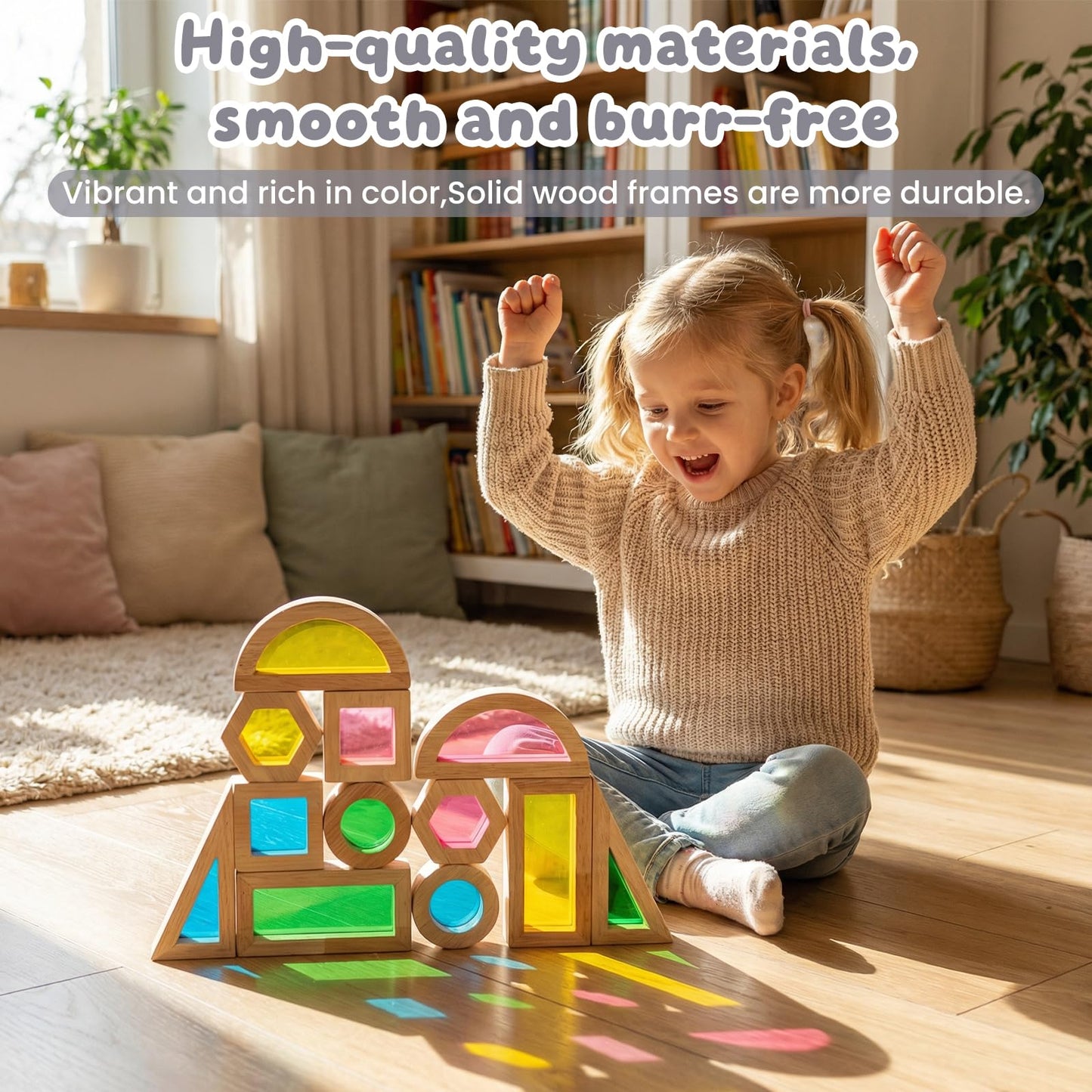 WOODENFUN Wood Building Blocks Set for Kids,Rainbow Stacker Stacking Game Construction Toys Set Preschool Colorful Learning Educational Toys, Geometry Wooden Blocks for Boys Girls