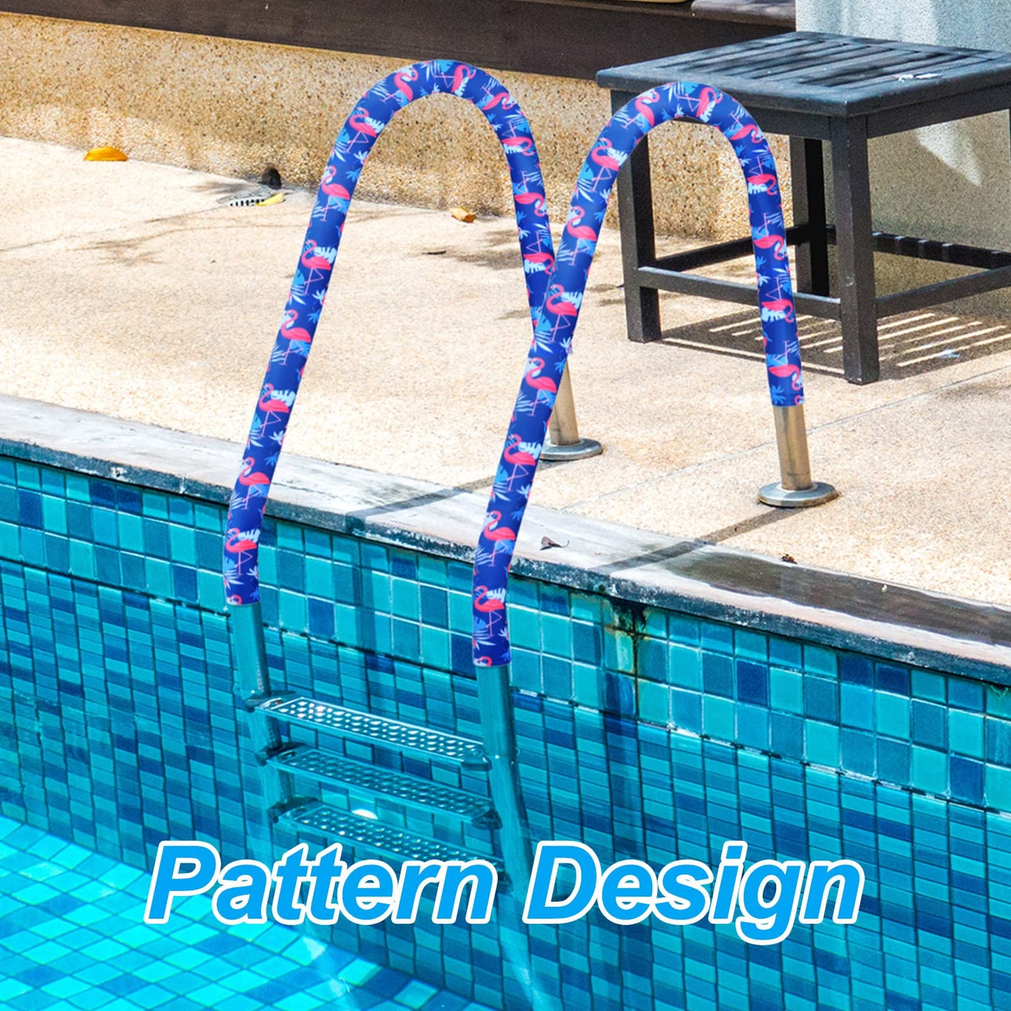 Junkin 6 Feet Pool Handrail Cover Tropical Flamingo Print Inground Swimming Pools Hand Rail Ladder Handles Cover Safety Anti-Slip Cool Touch Heat Resistant Rail Grip Handles Sleeve Blue Grip