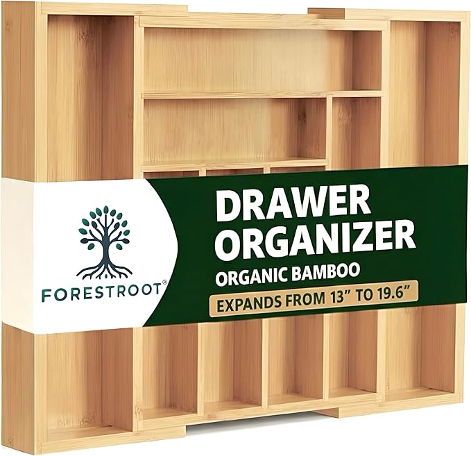 Bamboo Drawer Organizer, Expandable 8-Slot Silverware & Utensil Tray for Kitchen Drawers, Fits 13â19.5 Inch Drawers, Deep Compartments, Durable & Eco-Friendly Natural Bamboo
