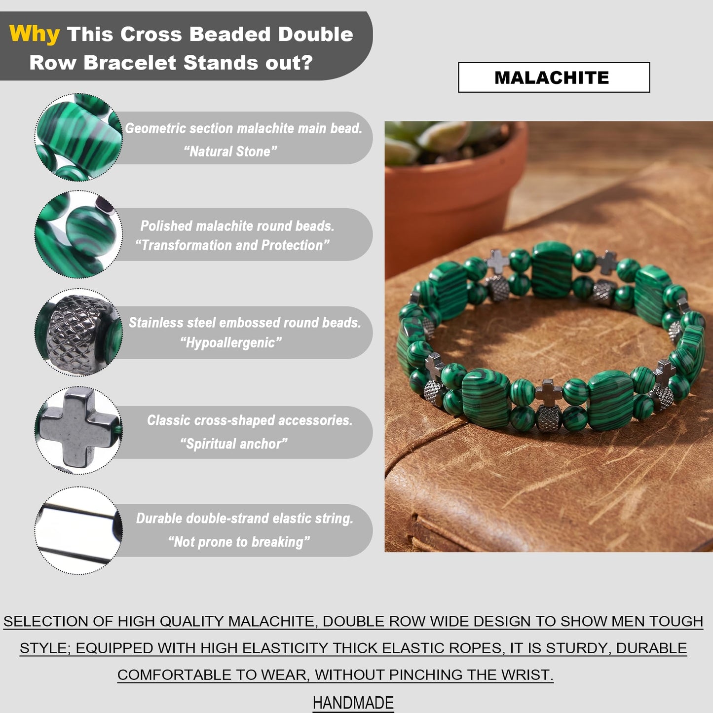 Christian Gifts for Men, Jesus Cross Bracelet for Men Handmade Double Elastic Beaded Bracelets Natural Crystal Gemstone Religious Jewelry for Boyfriend Husband Birthday Anniversary (Malachite)