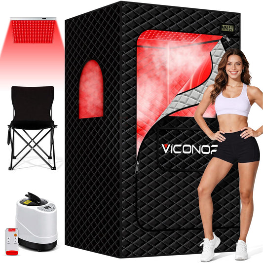 Viconor Red Light Sauna, Portable Steam Infrared Sauna with 660nm & 850nm Red Light Therapy for Home, Full Body Steam Sauna Box for Relaxation, 3L/1200W Steamer, 9 Levels Heat, Timer, Folding Chair