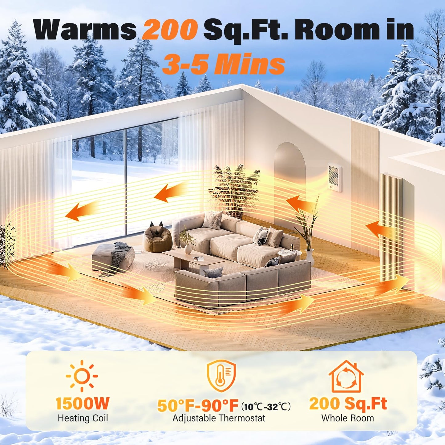 CSC151TW Electric Wall Heater with Thermostat (Part 67509) – 1500W 120V 5120 BTU, High-Efficiency Centrifugal Fan for Fast Quiet Heating, White Recessed Heater for Small/Medium Rooms