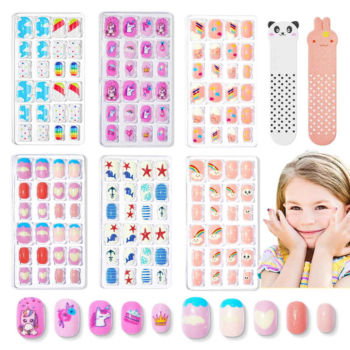 Modelones Press on Nails for Kids 144Pcs 6 Pack Children Acrylic Fake Nails Pre-glue Full Cover Glitter Gradient Color Cloud Heart Short False Nail Art Kits Sets Christmas Gifts for Kids Girls
