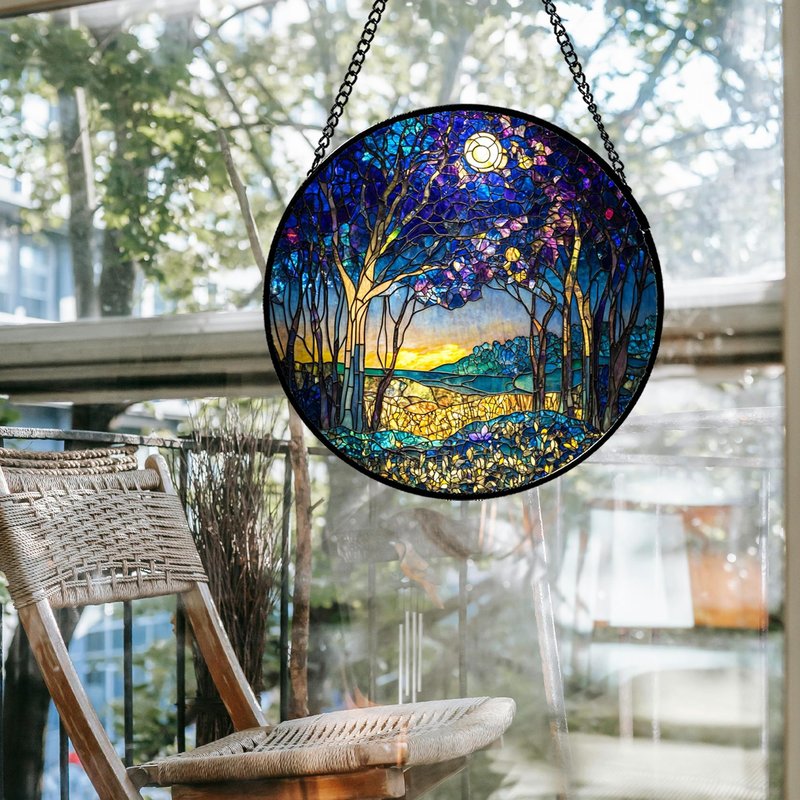QZQCBLC Stained Glass Window Hanging Blue Purple Forest Trees Landscape Moon Large 15" - Suncatcher Door Garden Sun Catcher Home Decor Birthday Christmas for Mom Men Woman Nana