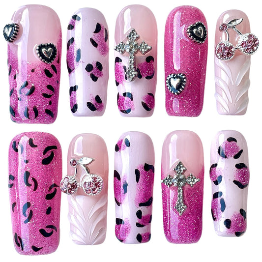 Handmade Press On Nails Pink Leopard Print Design Medium/Long Square Cherry Charms, Glitter Ombre Artificial Acrylic Thick False Nails (Sparkle, L)