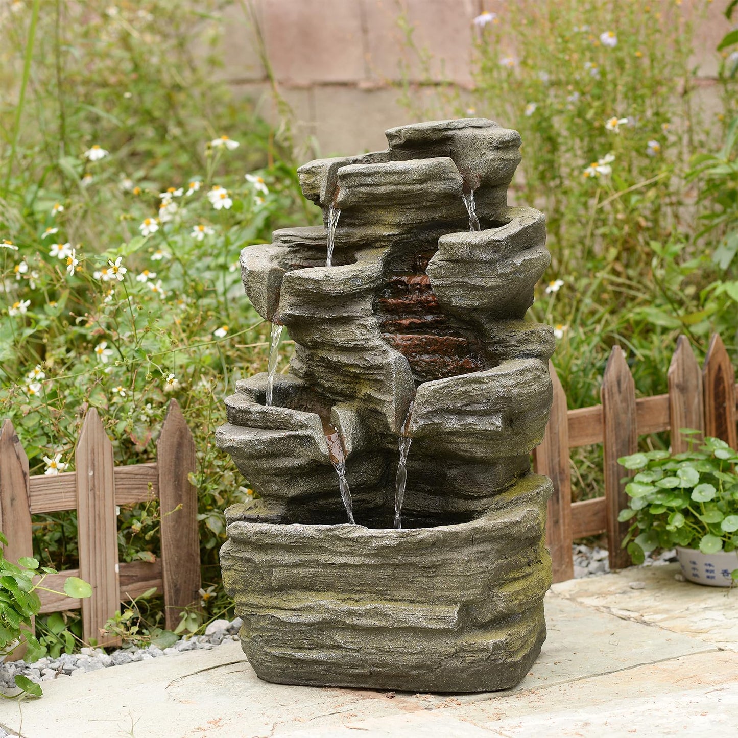 Bumilgar 6-Tier Cascading Rock Water Fountain Outdoor Garden Waterfall Decor for Garden, Patio, Backyard, Deck, Porch and Home Art Decor,24.4" H Outdoor Fountain with Lights