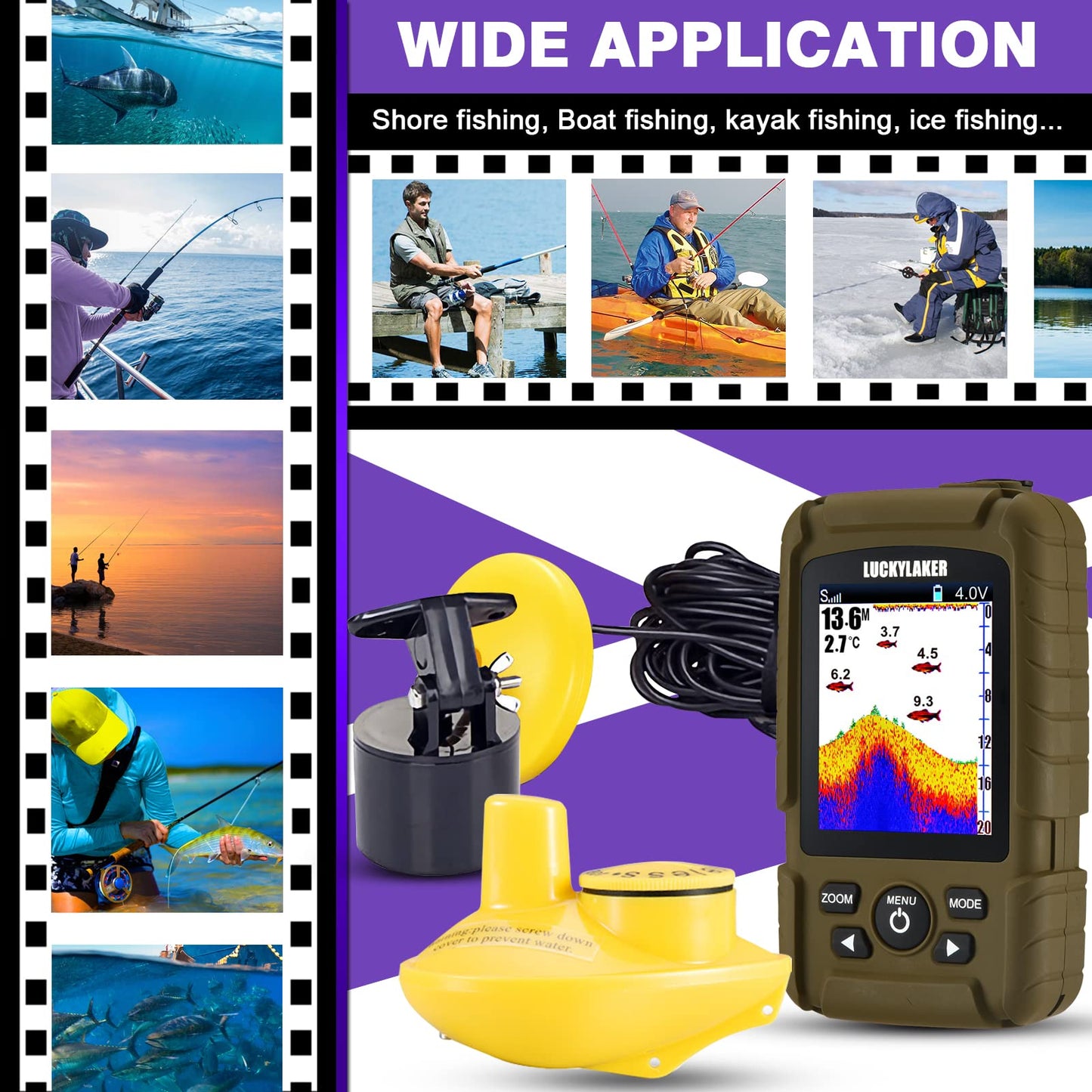 LUCKYLAKER Water Handheld Fish Finder Boat Sonar Wireless Fish Finders Waterproof Portable Display Depth Finders Transducer Sea Ice Fishing