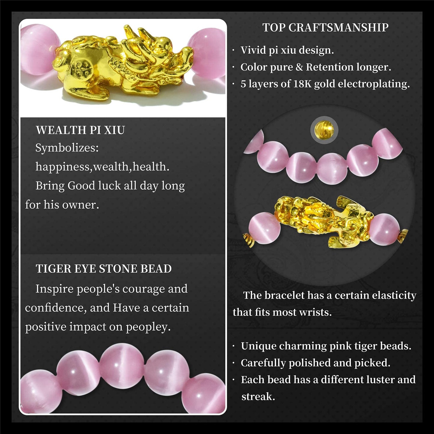 ZenBless Feng Shui Bracelet Cat Eye Bead Bracelet with Gold Plated Pi Xiu/Pi Yao Attract Wealth and Good Luck Amulet Gift(Pink L)