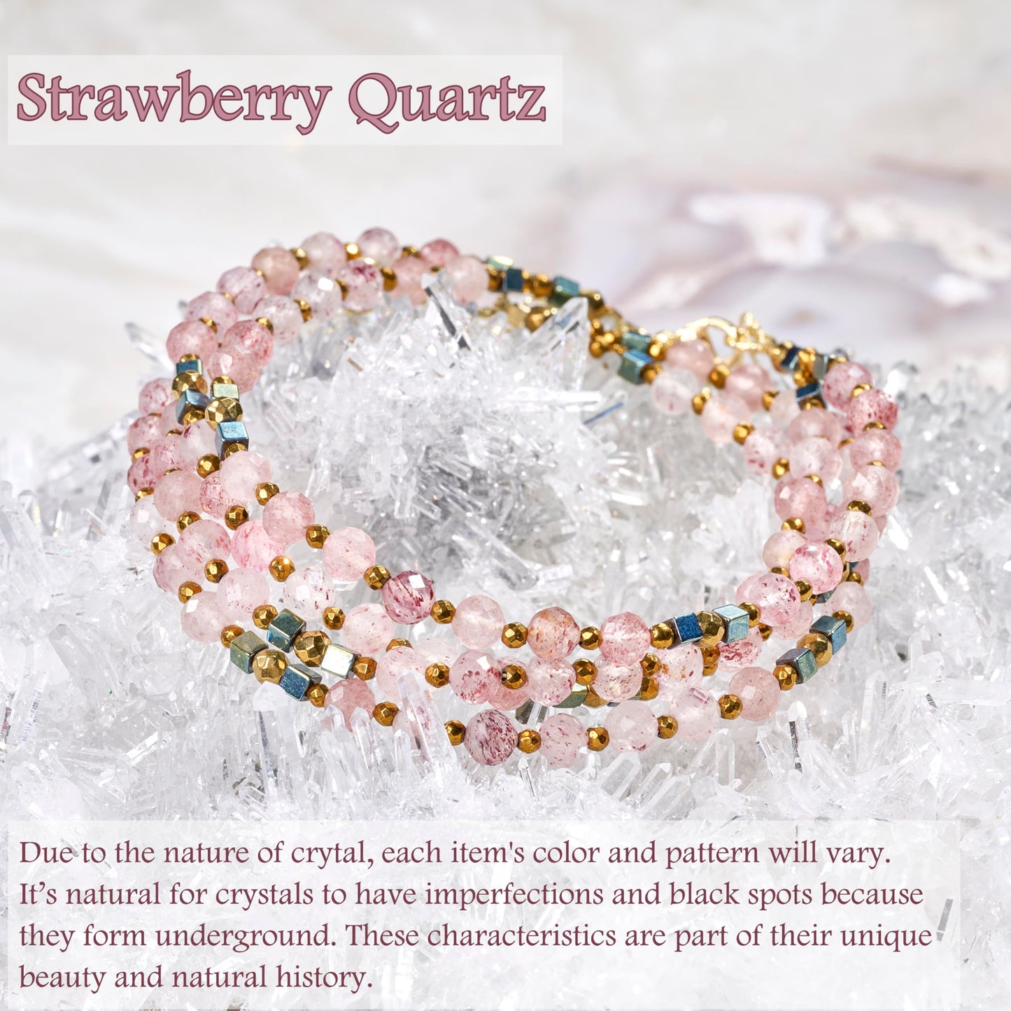 Farfume Strawberry Quartz - Love & Warmth - Crystal Beaded Bracelets, Chakra 4mm Natural Stone Beads Bracelets, Gemstone Spiritual Jewelry Gifts for Mother's Day