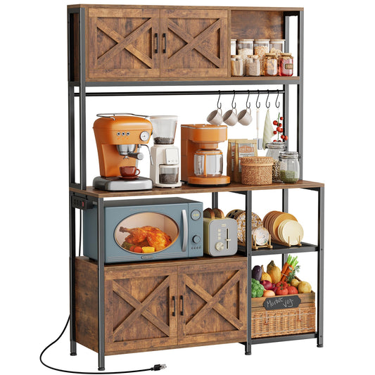 Huuger Large Bakers Rack with Power Outlet, Kitchen Microwave Stand with Cabinets, Coffee Bar Table Station with Storage, 6 S-Shaped Hooks, Mesh Shelves, 45 Inch Wooden Top, Rustic Brown