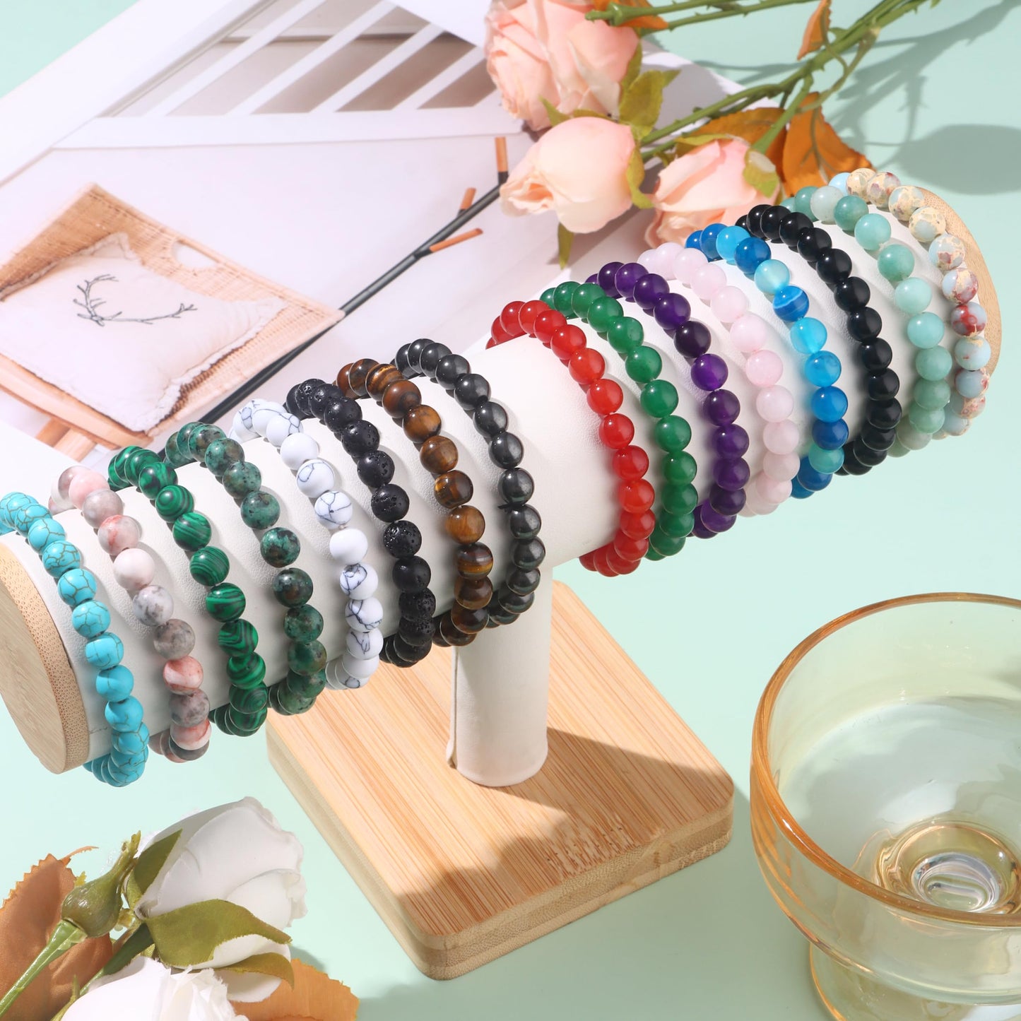 JEWPARK 16PCS Semi-Precious Gemstone Bracelet - Crystal Stone Beaded Bracelets for Women Men 8mm Round Beaded Stretch Bracelets Unisex Yoga Bracelets Gifts