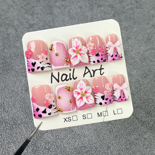 10Pcs Cute Leopard French Tip Press on Nails Handmade Fake Nails with 3D Flower Bow Design Short Duck False Nail Handmade Acrylic Nails Press ons Reusable Pink Flower Stick on Nails for Women (M)