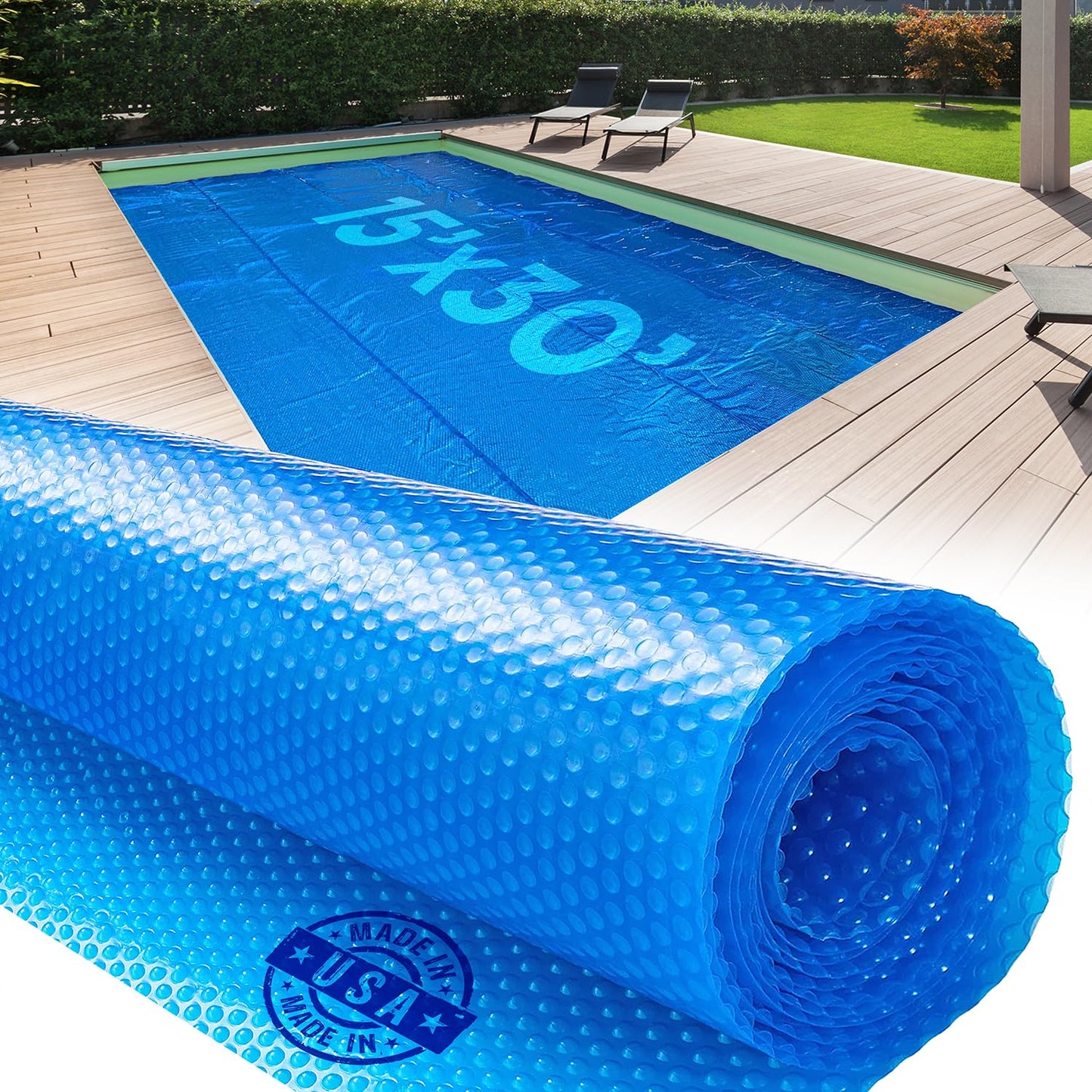 15' x 30' Rectangle Solar Cover for Inground and Above Ground Pools, 12 Mil - Premium Heavy Duty Solar Blanket for Above Ground Pool, Blue - Made in USA