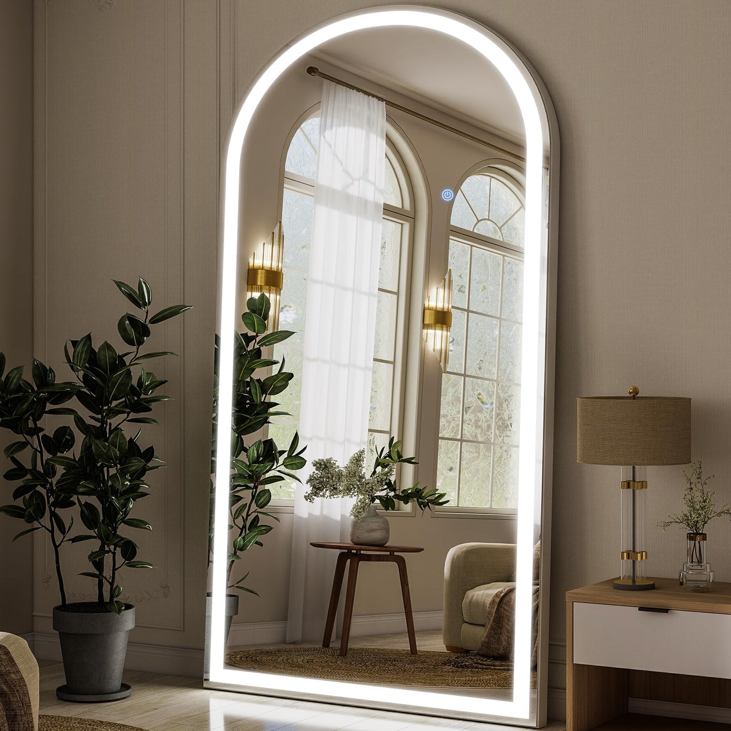 GLSLAND 34"x76" Arched LED Full Length Mirror with Lights Wall Mounted/Standing, Dimmable Floor Lighted Mirrors W/Anti-Fog, Touch Control for Bedroom, Dressing Room