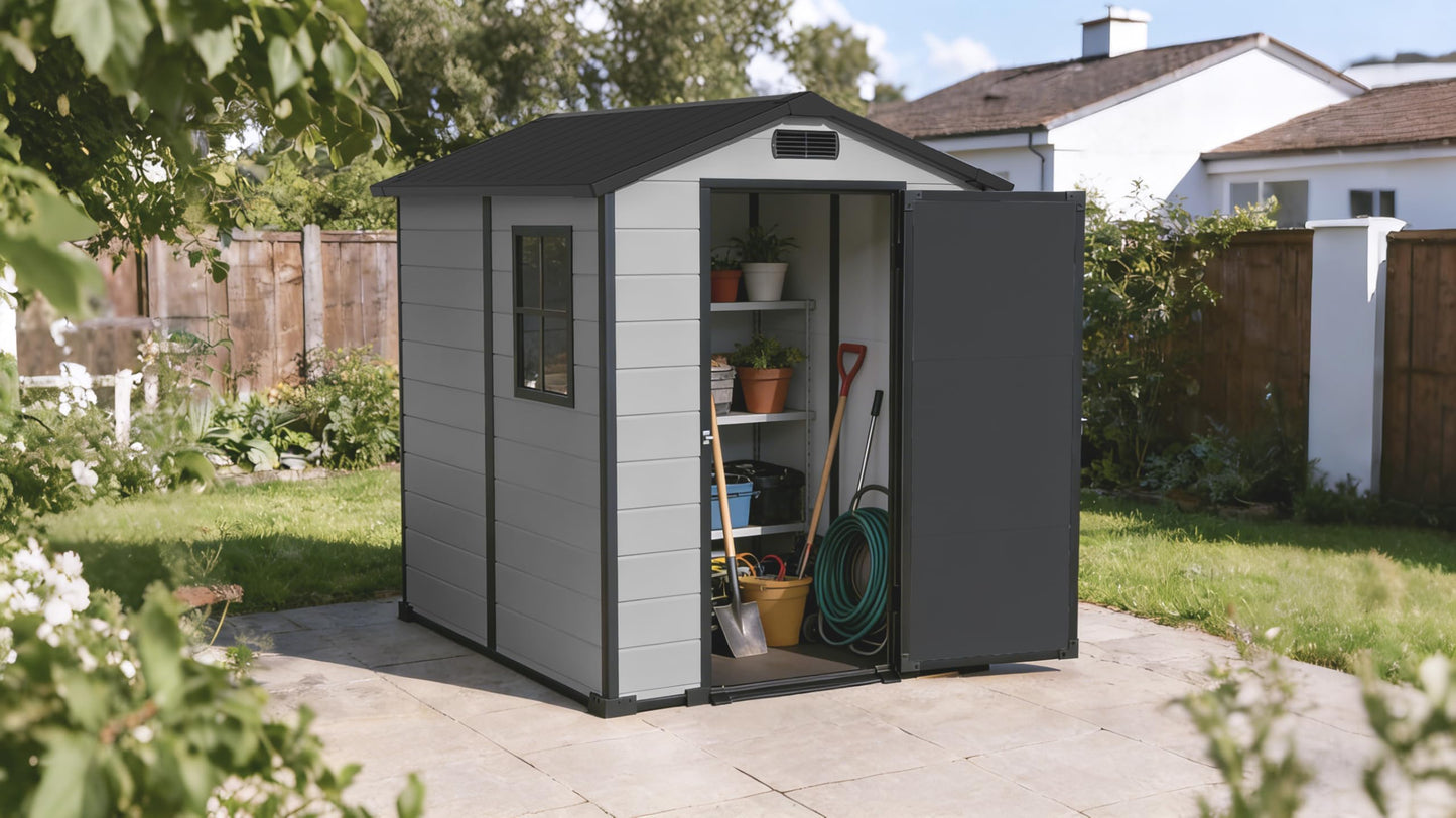 6x4 ft Outdoor Storage Shed, Plastic Resin Garden Shed with Floor, Window, 2 Vents, Lockable Door & Sloped Roof, Garden Tool Storage Shed for Patio, Backyard, Garden, Lawn Mower, Bike