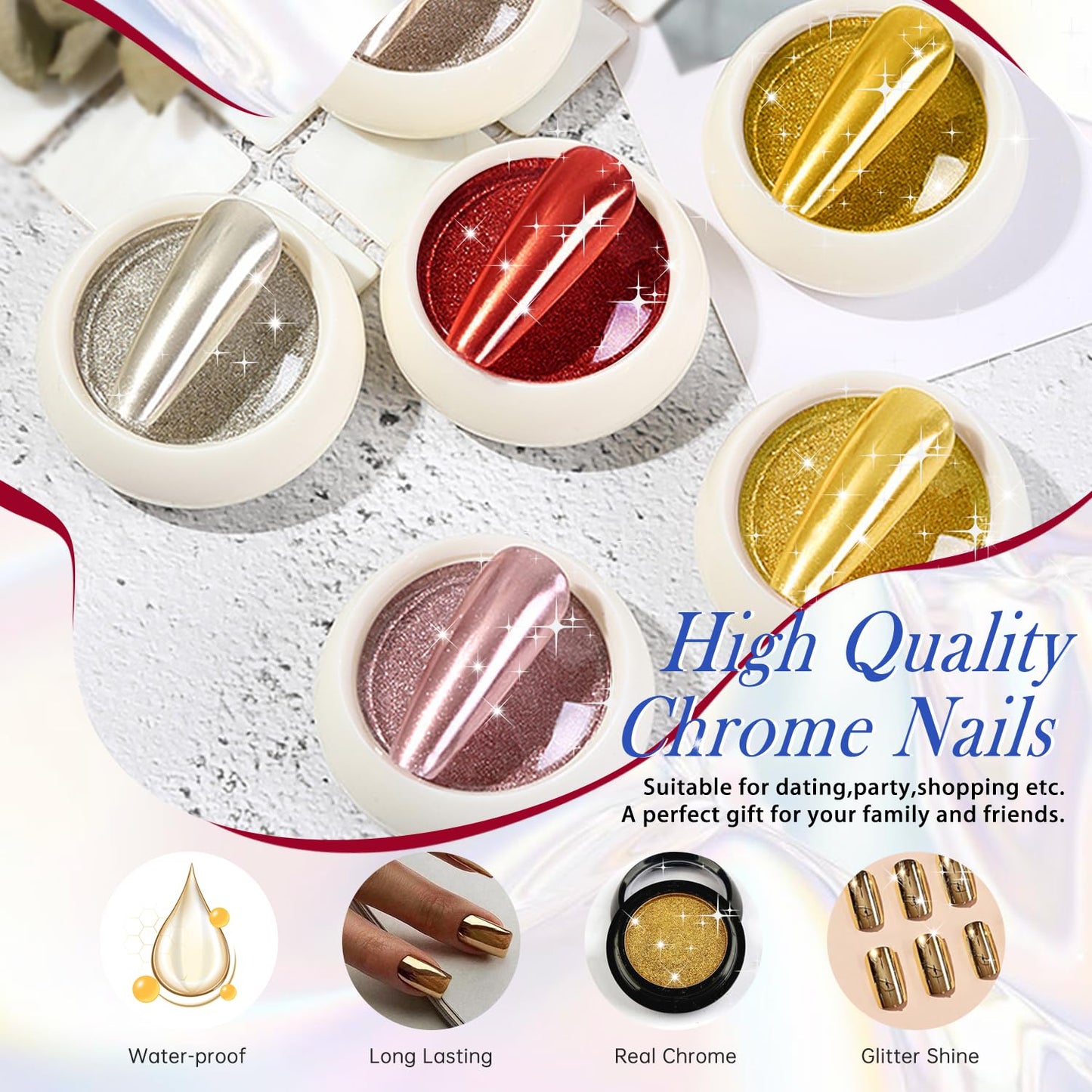 Light Gold Chrome Square Press on Nails Short,KQueenest Mirror Metal False Acrylic Nails Press Ons,Metallic Fake Nails,Natural Petite Glue on Nails Short,Stick on Nails for Women in 24 PCS