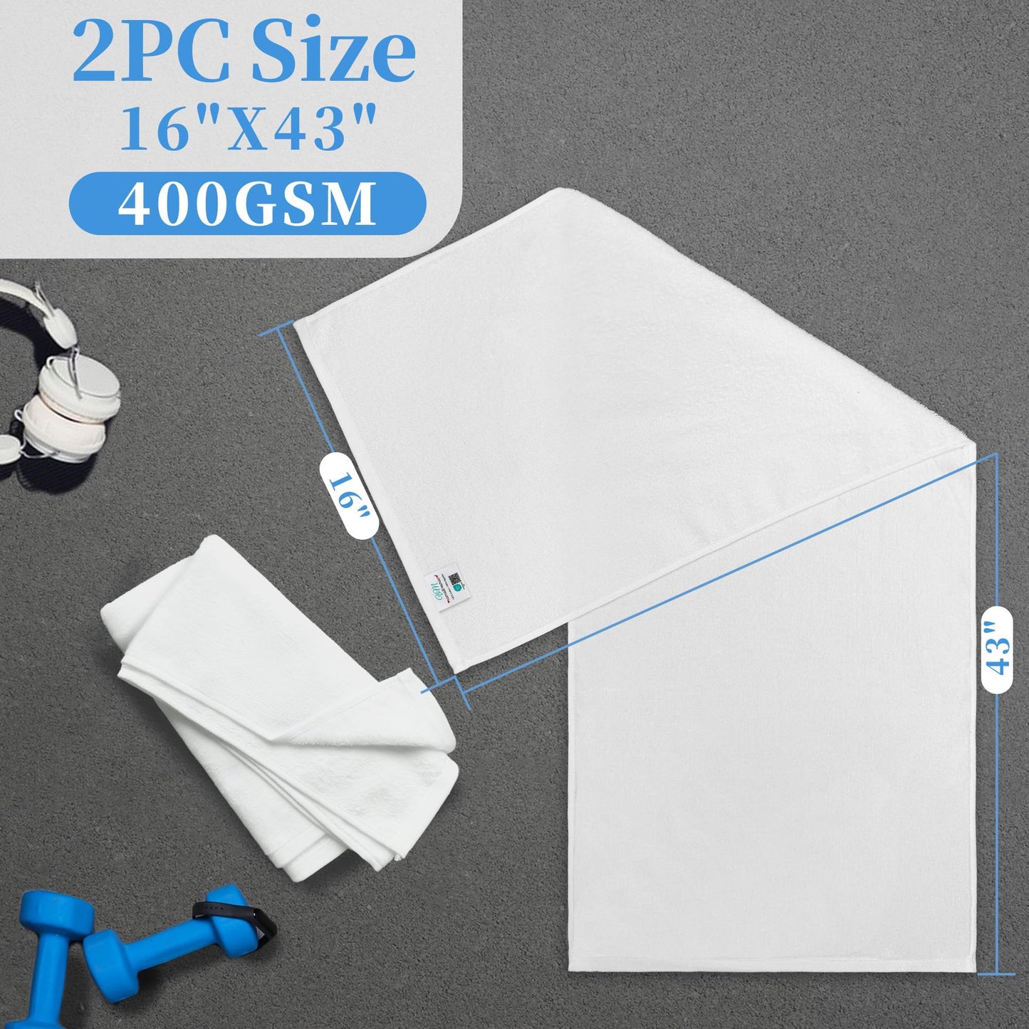 White Workout Towels for Gym (2PC, 16"x43") - 100% Cotton, Breathable, Soft & Absorb - Sweat Towel for Men & Women, Sports Hand Towel for Yoga, Shower, Tennis, Running, Exercise & Fitness