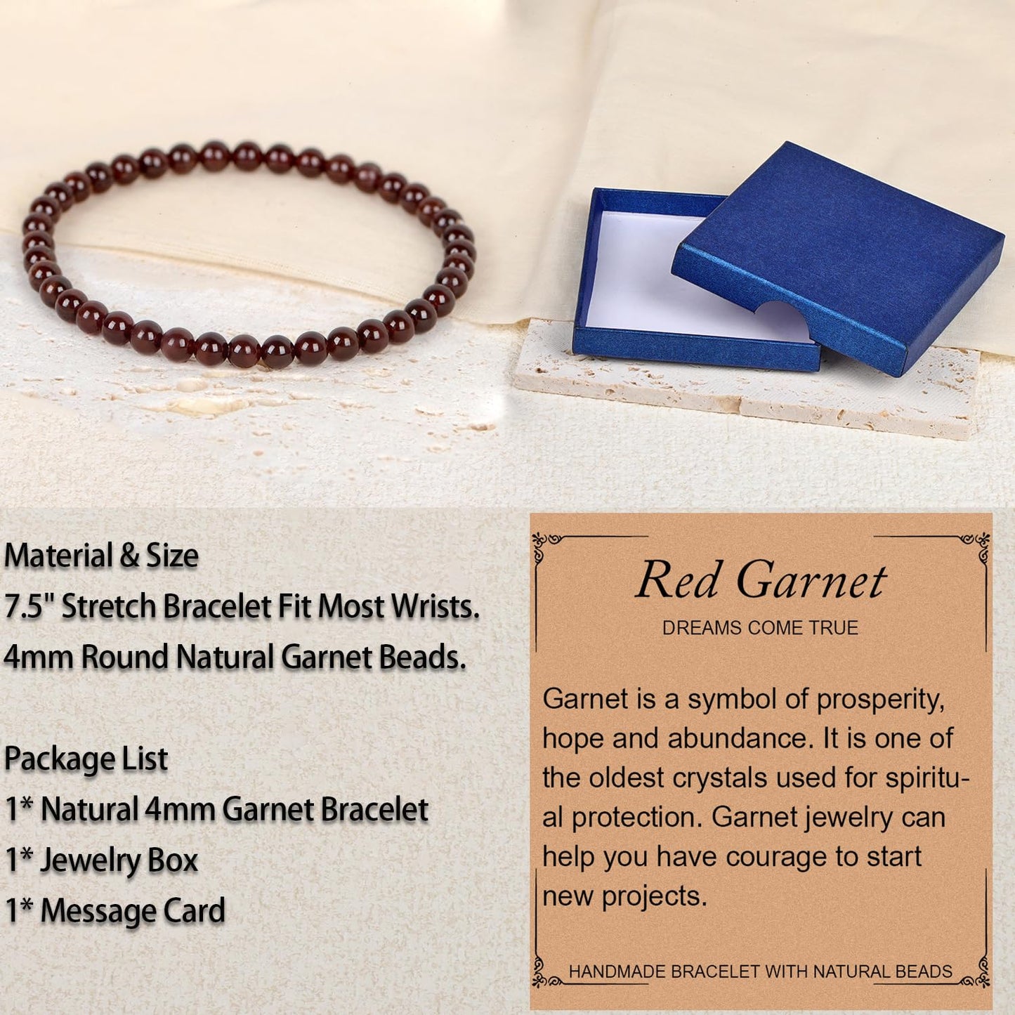LPBeads Handmade Natural Gemstone Stretch Elastic 4mm Garnet Bracelet Healing Crystal Round Stone Beads Jewelry Gifts for Women Men