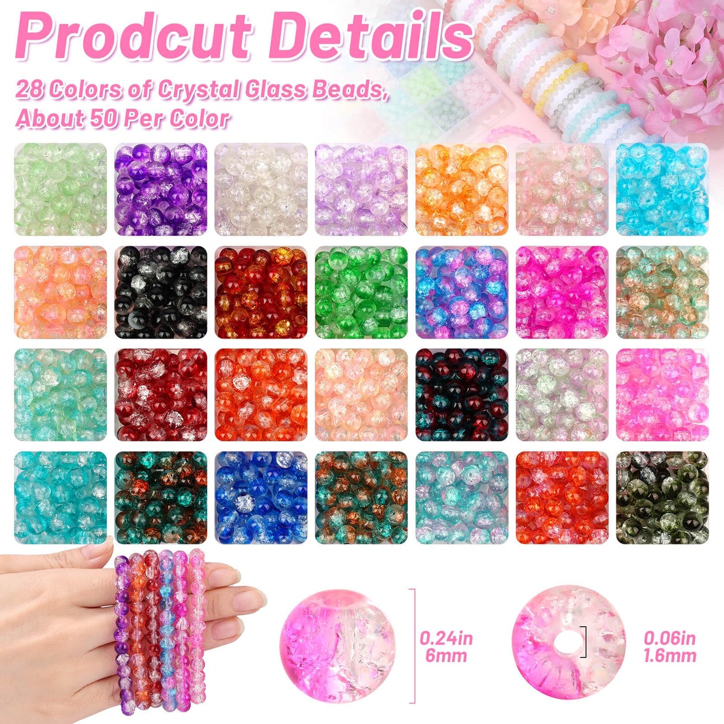 shynek 1400 Pieces 6mm Round Glass Beads for Bracelets, 28 Colors Bracelet Beads, Glass Crystal Beads for Jewelry Making, Bracelet Making and DIY Crafts(Crackle Color)