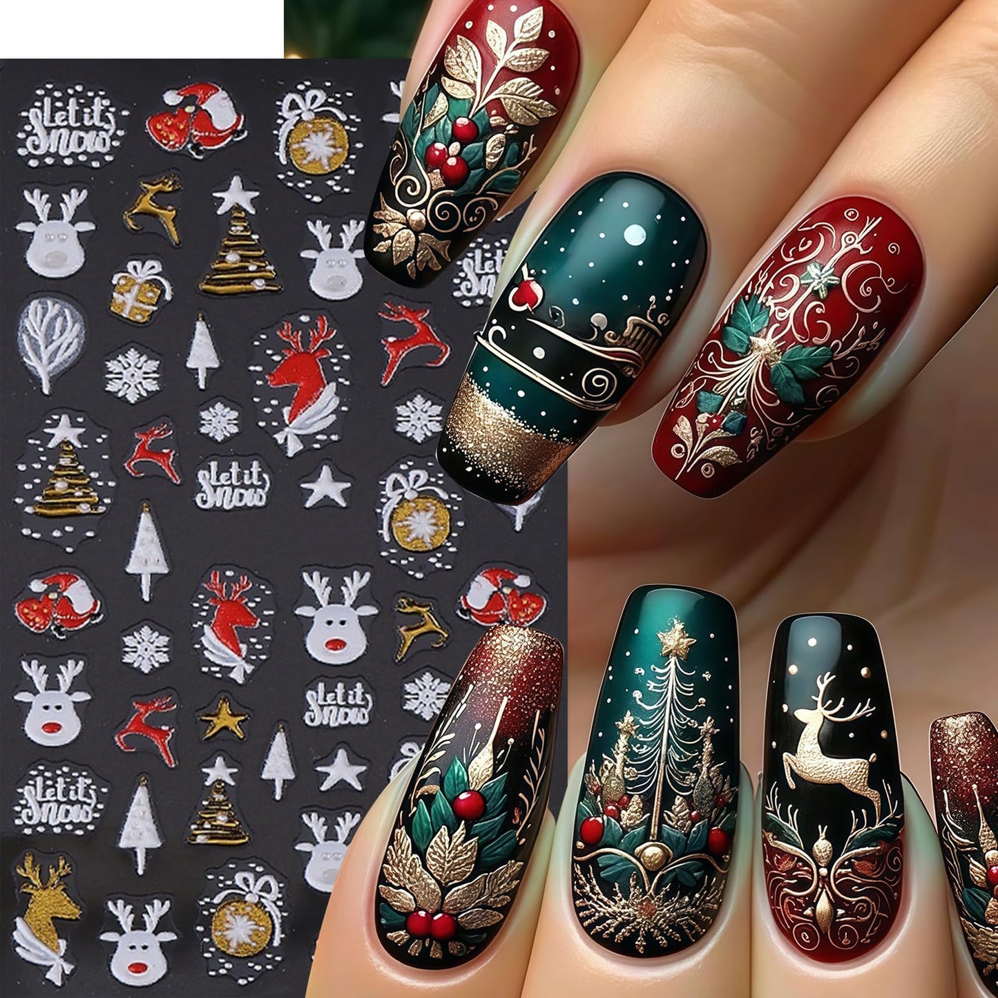 2 Sheets Christmas Nail Art Sticker 5D Embossed Self-Adhesive Nail Decals Elk Snowman Santa Xmas Tree Lantern Ball Nail Design Stickers Winter Holiday Nail Sticker Nail Decoration Supplies for Women