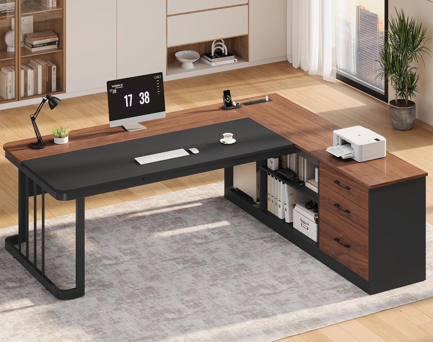 UPOSOJA 71" Executive Desk, Large Office Desk with Drawers & Storage Shelves, Modern L Shaped Computer Desk Corner Desk with Power Outlets, File Cabinet, Business Furniture Desk Workstation (Walnut)