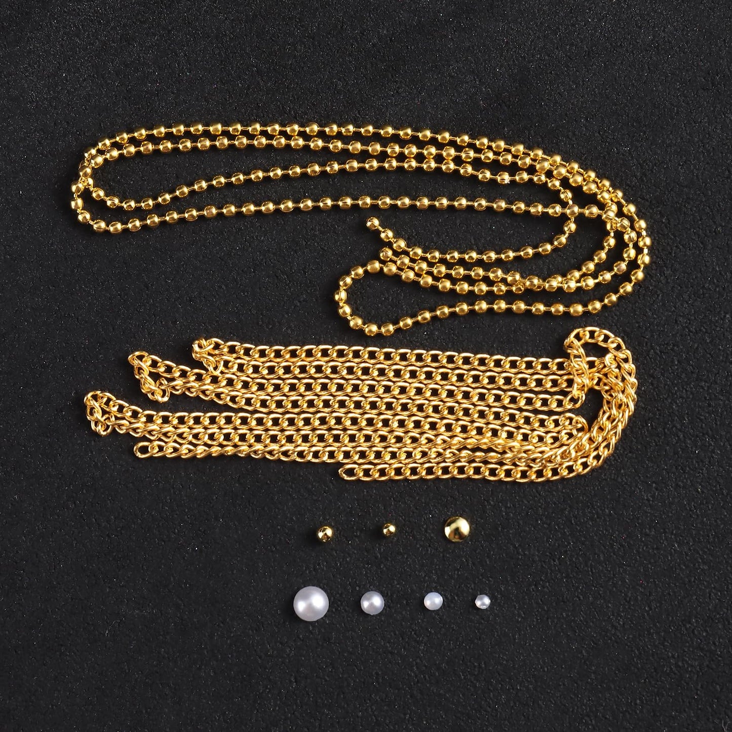 3D Metal Nail Art Chains and Mini Stainless Steel Beads Nail Charms, White Flatback Pearls Gold Caviar Beads Golden Chain Alloy Jewelry for Women Manicure Supplies DIY Crafts Decorations