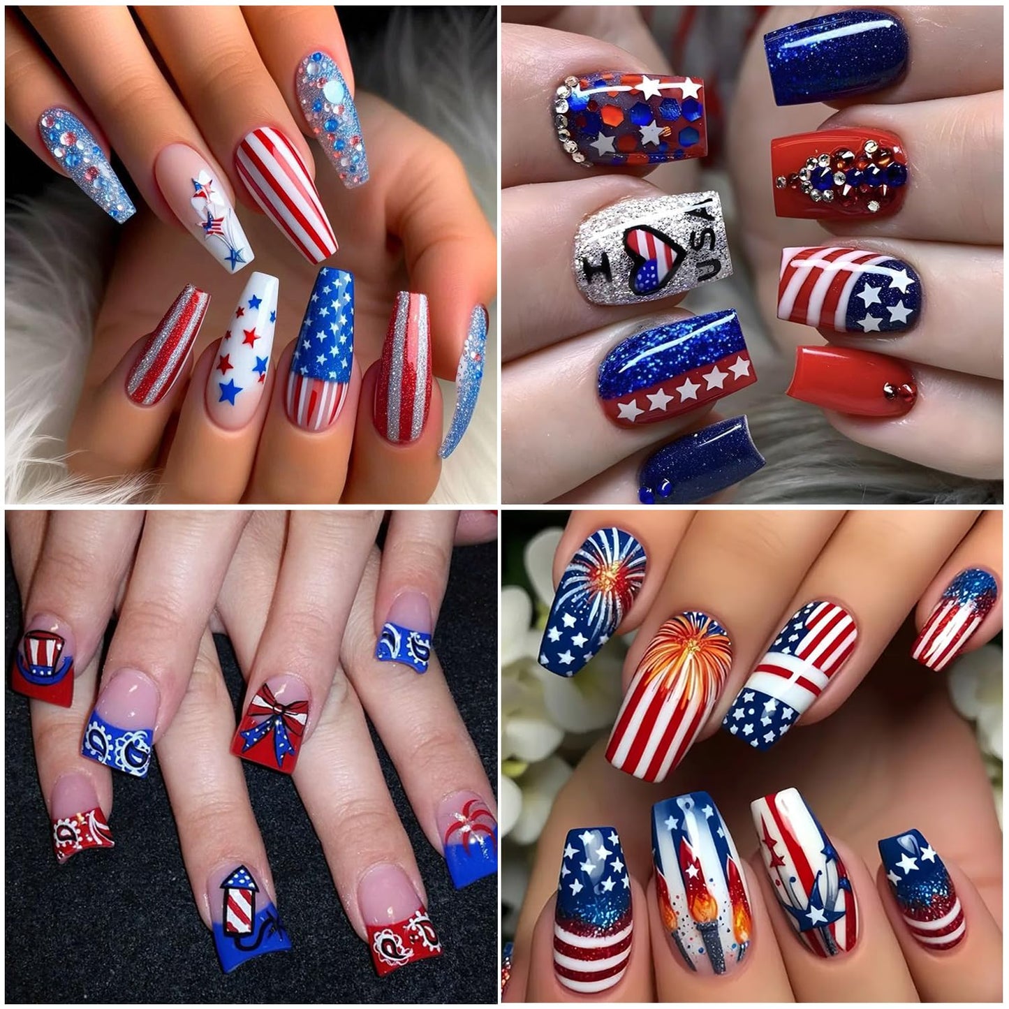 6pcs 4th of July Nail Stickers 3D Nail Decals Independence Day Nail Art Sticker for USA Flags Heart Star Stripe Letters Fireworks Nails Design Adhesive Sticker Patriotic Manicure Decorations for Women