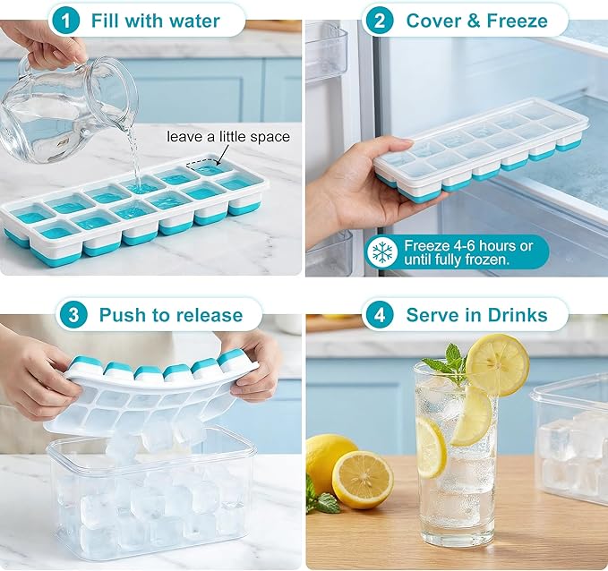 NFK Ice Cube Tray with Lid & Bin - 4 Pack Stackable Silicone Trays for Freezer with Storage Container, Leak-Proof Lids, BPA-Free, Easy Release for Kitchen, RV, Cocktail, Party, Coffee & Drinks