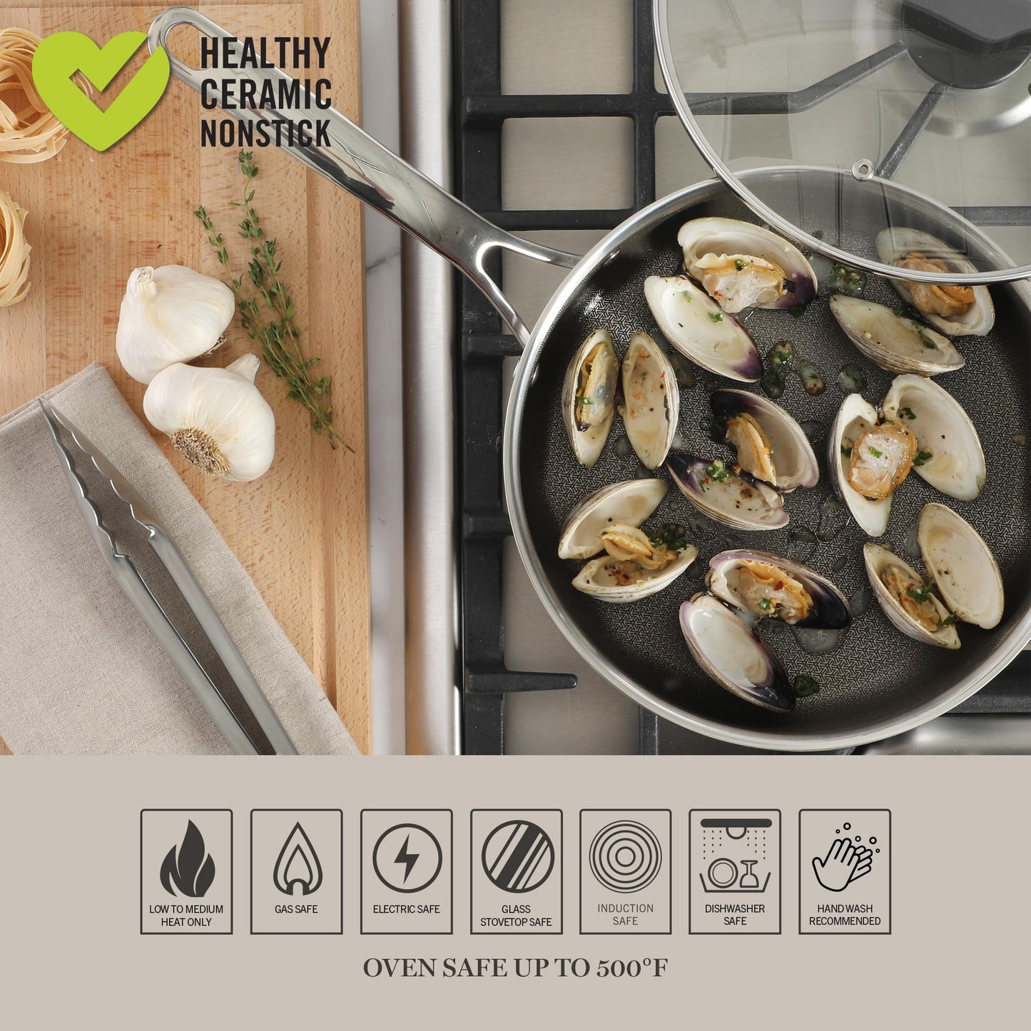 Martha Stewart Badgley Hybrid Nonstick 10 Piece TriPly Stainless Steel Pots and Pans Non-Toxic Kitchen Cookware Set - Laser Etched Perfect Sear Nonstick W/Stay Cool Handle Dishwasher & Induction Safe