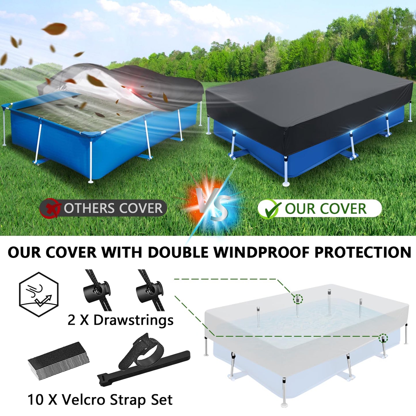87x59 in Rectangle Pool Cover 7ft Drawstring Design 7 x 4 Rectangular Pool Cover Frame Swimming Pool Cover Oxford for Rectangular Above Ground Pool Easy Installation Cloth Heater Material