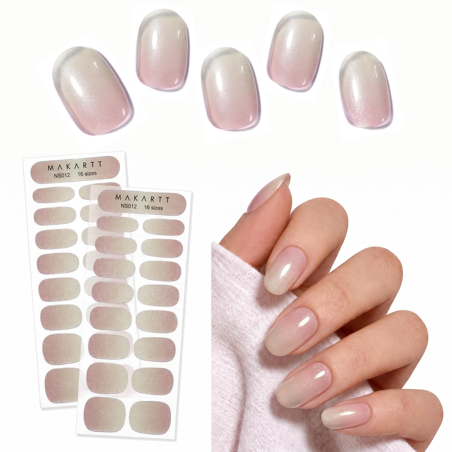Makartt Semi Cured Gel Nail Strips Kit 2 Packs – Real Gel, Hema & TPO Free, 16 Sizes Anti-Lift Design, UV Required, Long Wear, Dual-Ended Tool & Prep Kit (Nude Ombre Glitter)