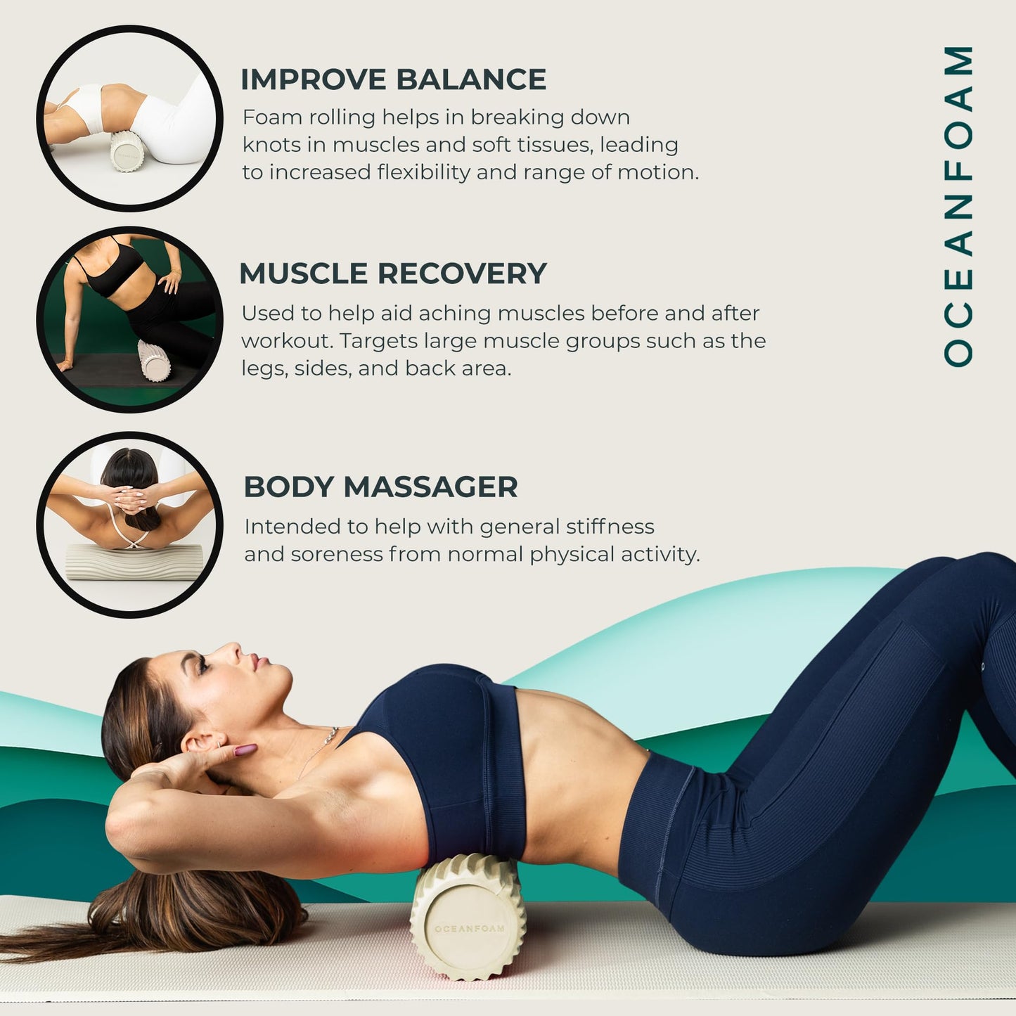 Oceanfoam Tidal Roller - Natural - Muscle Massage Foam Roller for Back Pain & Stretching - Firm and Ergonomic Wide Wave Textured - Yoga, Athletics, & Wellness - Full Size, 20" x 5"