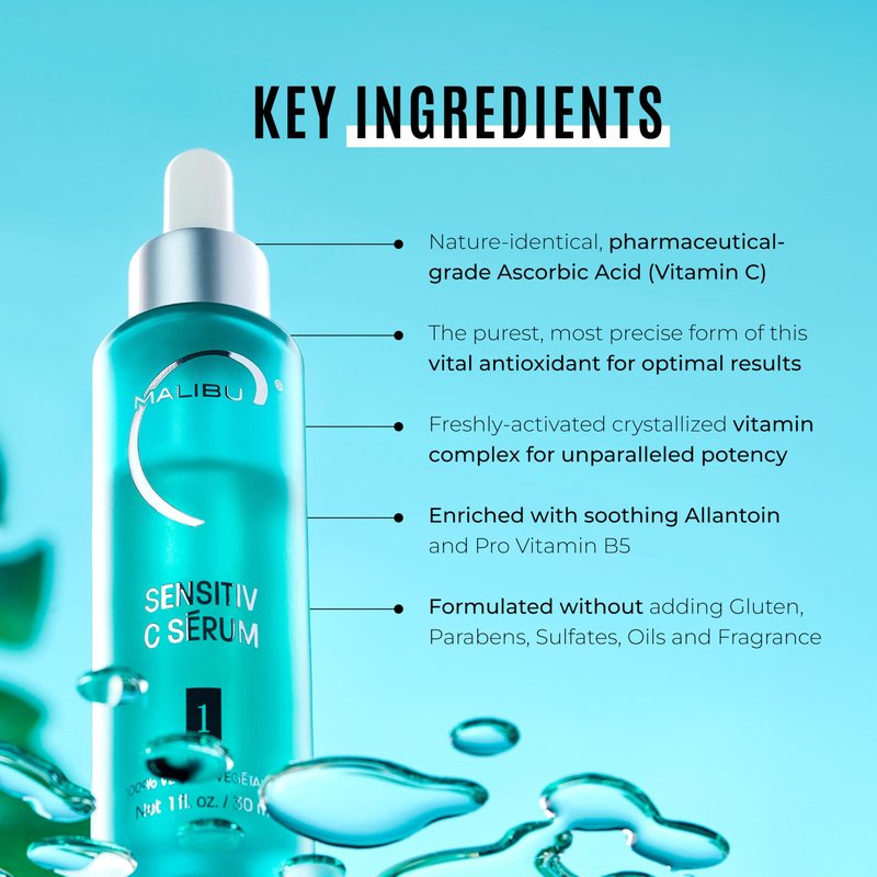 Malibu C Sensitiv C Face Serum - Vitamin C Serum for Combination & Sensitive Skin - Balances, Brightens & Protects with Ascorbic Acid, Allantoin & Pro Vitamin B5 (1 fl oz)