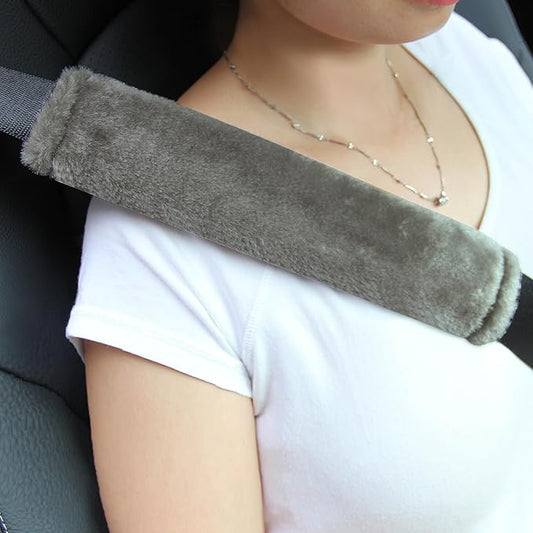 Amooca Soft Faux Fur Universal Fit Seatbelt Cover Car Truck SUV Airplane Seat Belt Shoulder Pad for Carmera Backpack Straps Neck Cushion Protector 2 Pack 10.5in Brown Gray