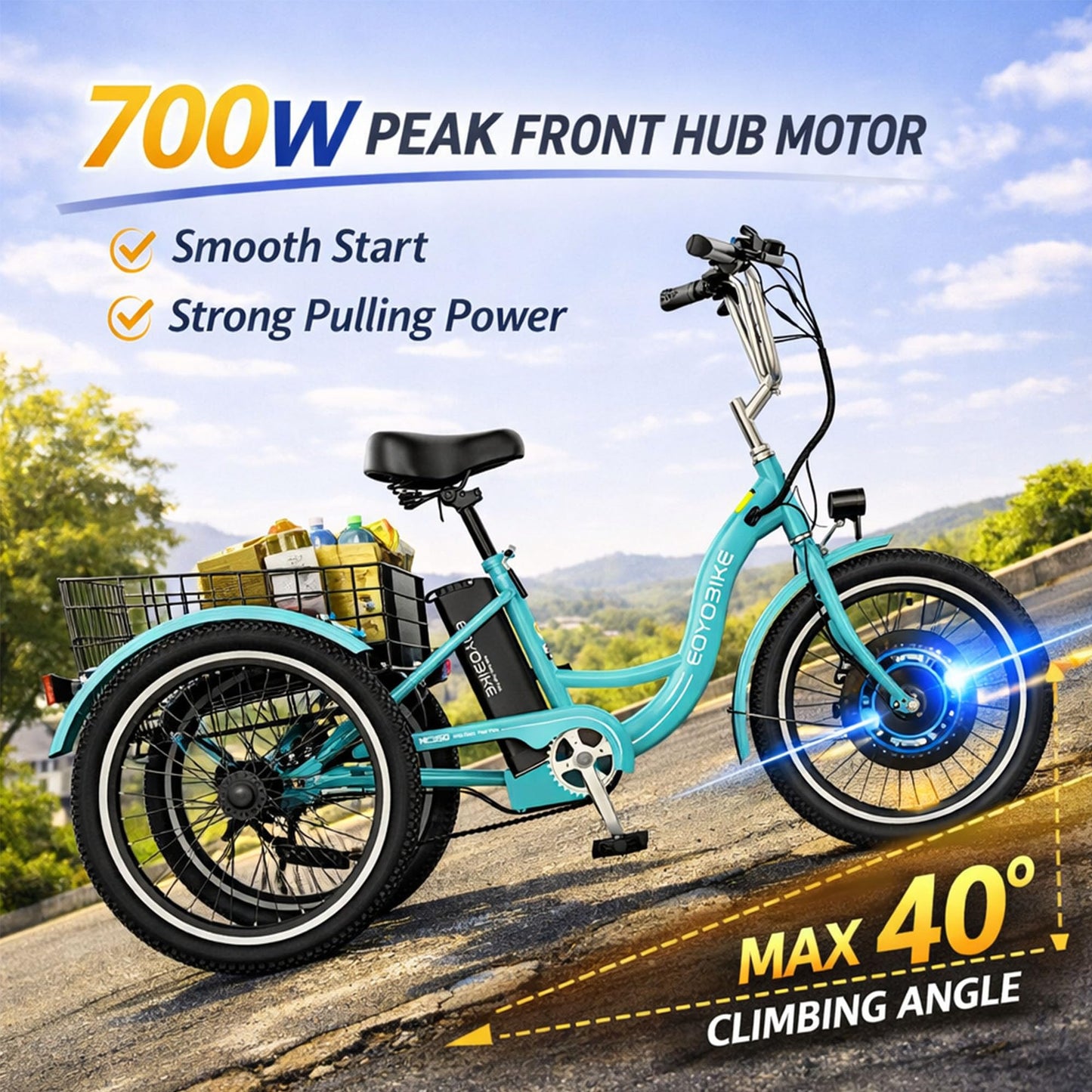 MOONCOOL Adult Electric Tricycle, 350W Front Drive Motor (Peak 700W), 15.5MPH E-Trike with Removable 36V 10.4Ah Battery, 40 Miles Range, 24/26 Inch 7-Speed 3 Wheel Electric Bike, Large Basket