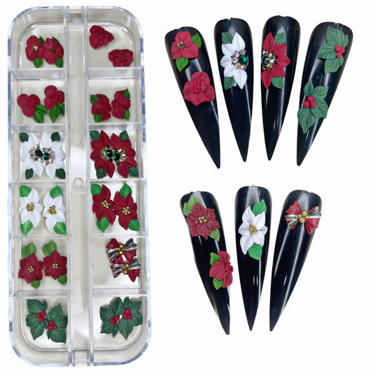 3D Christmas Acrylic Flower Nail Art Charms Handmade by Acrylic Powder - 24pcs Noel Flowers Nail Rhinestones Kit 3D Nails Design Acrylic for Women (Christmas Flowers 3-Small & Medium Size)