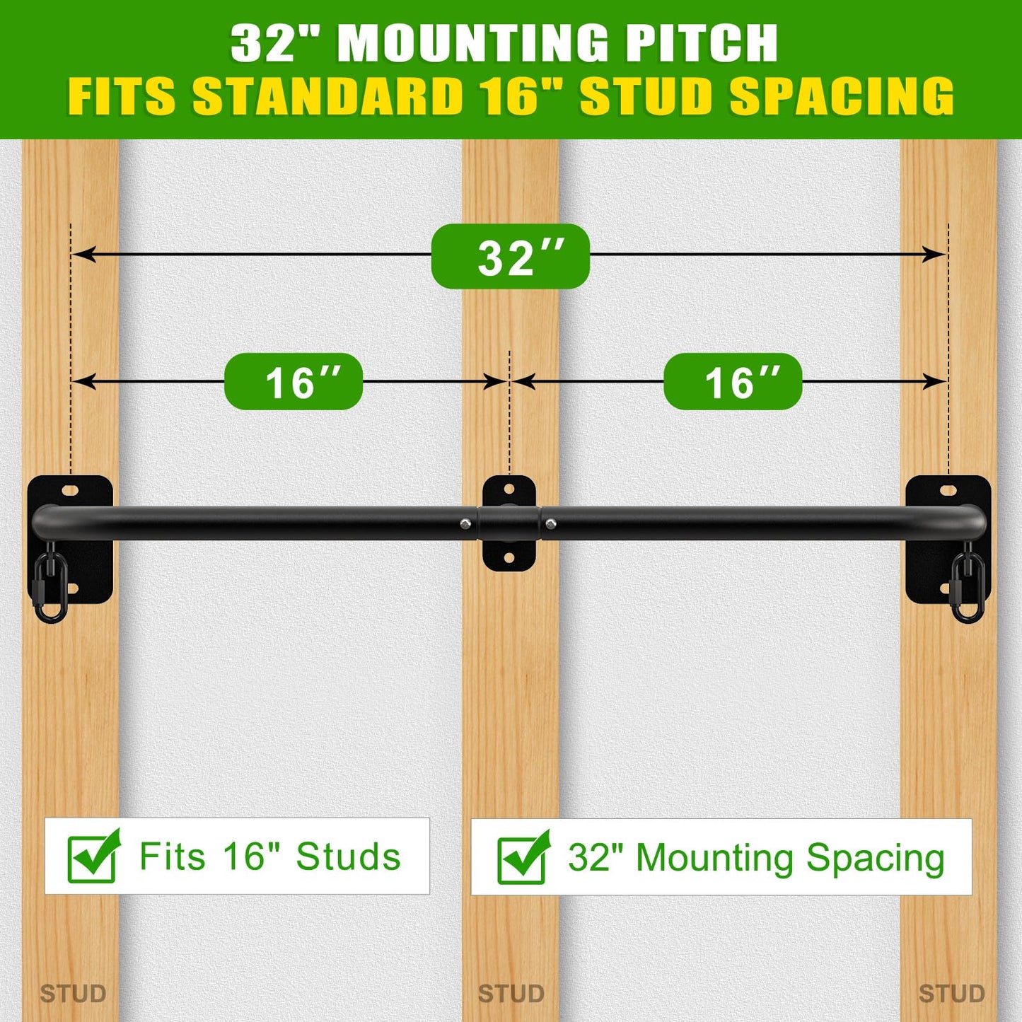 SELEWARE Heavy Duty Wall Mount Pull Up Bar, 450LB Capacity Joist Mount Chin Up Bar for Doorway, Sturdy Steel Construction, w/Resistance Band Hooks, Fits 32" Wall Studs for Home Gym Strength Training"