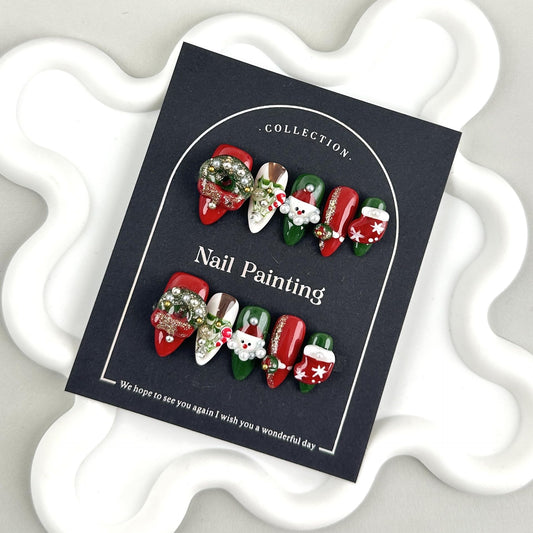 GLORS Collection Luxury Christmas Press On Nails, Hand Painted Artificial Nails with Pearls, Glitter, Santa Design, Red and Green Holiday Theme, Medium Length Almond Shape, 10 Pieces (Small, MB)