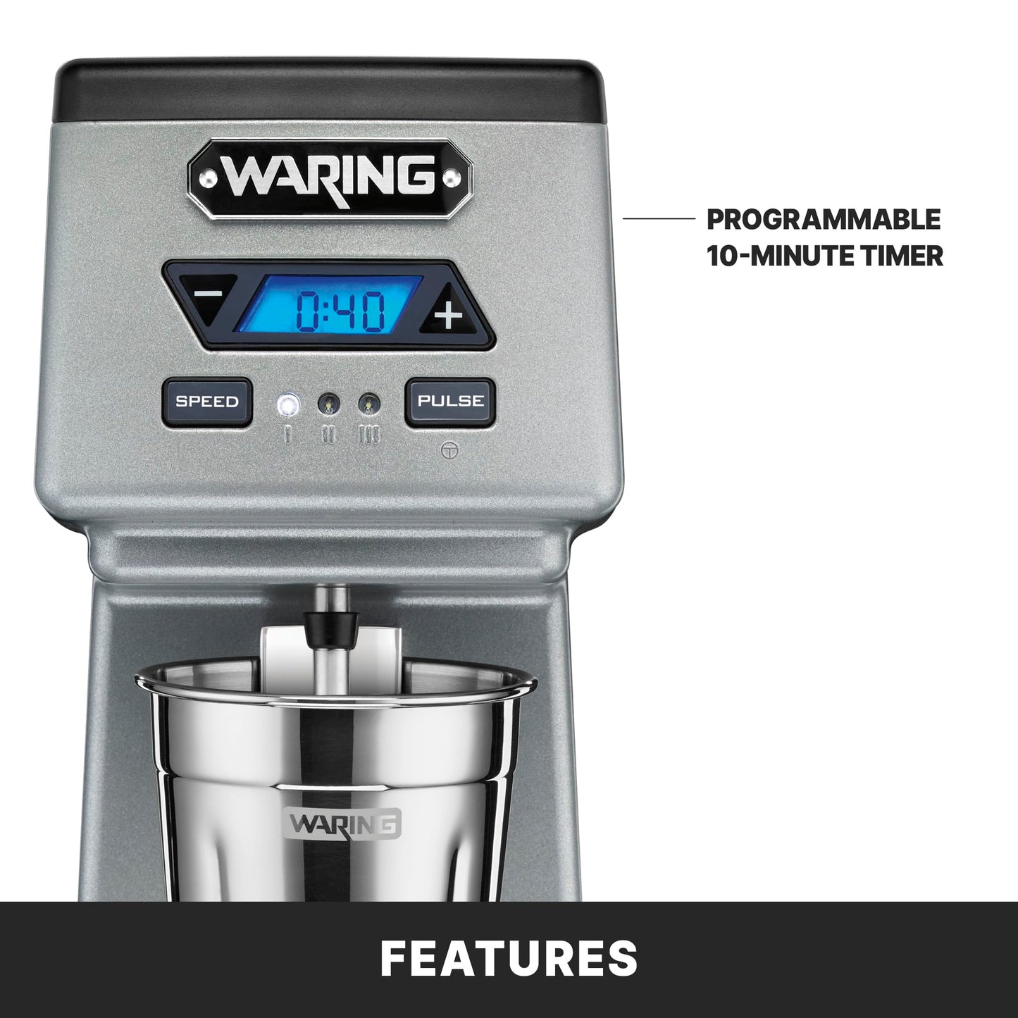 Waring Commercial WDM120TX Heavy-Duty Single 1Hp Spindle Drink Mixer with Countdown Timer, Digital Display, Automatic Start/Stop, 120V, 5-15 Phase Plug, 22" x 9" x 10.38"