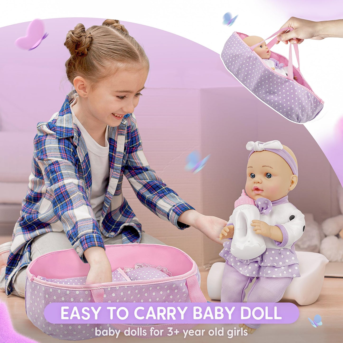 SMILESSKIDDO Baby Doll with Accessories, 12" Dolls Playset with Washable Carrier Bassinet Bed, Bottle, Blanket, and Pillow, Soft Body Baby Dolls for 2+ Year Old Girls
