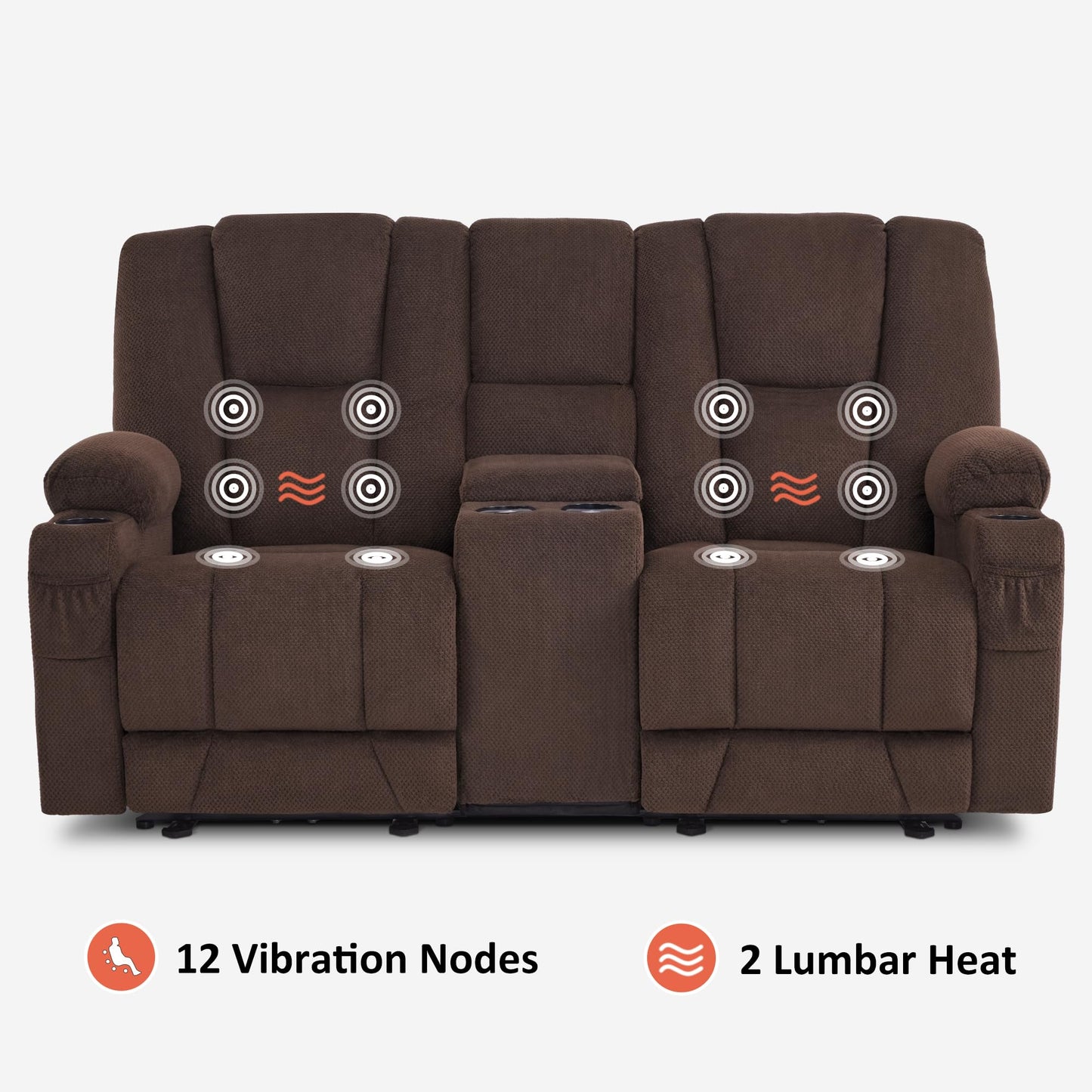MCombo Zero Gravity Power Loveseat Sofa with Console, Heat and Massage, Reclining Loveseat for Living Room, Fabric 6035SET (Brown, Loveseat with Console)